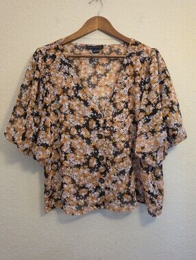Sanctuary Button Down Crop Top Womens Large Orange Black Floral Puff Sleeve Boho